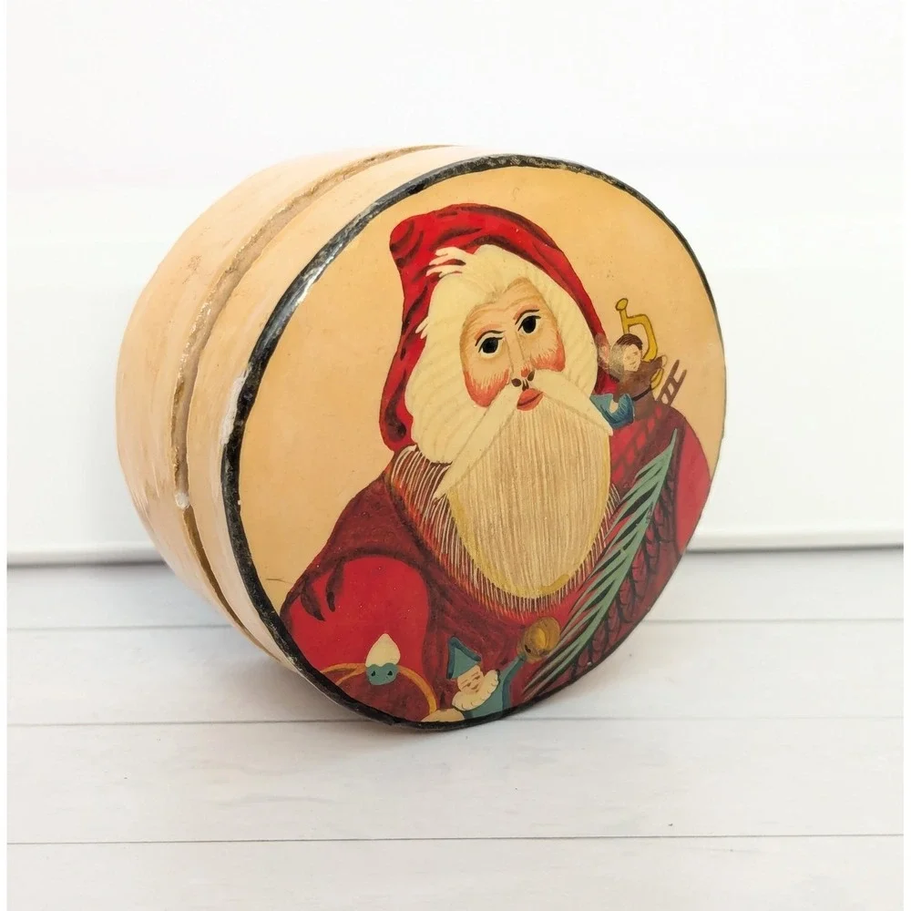 Vtg Hand Painted Paper Mache Lacquer Trinket Box Santa Christmas Box Lid India
